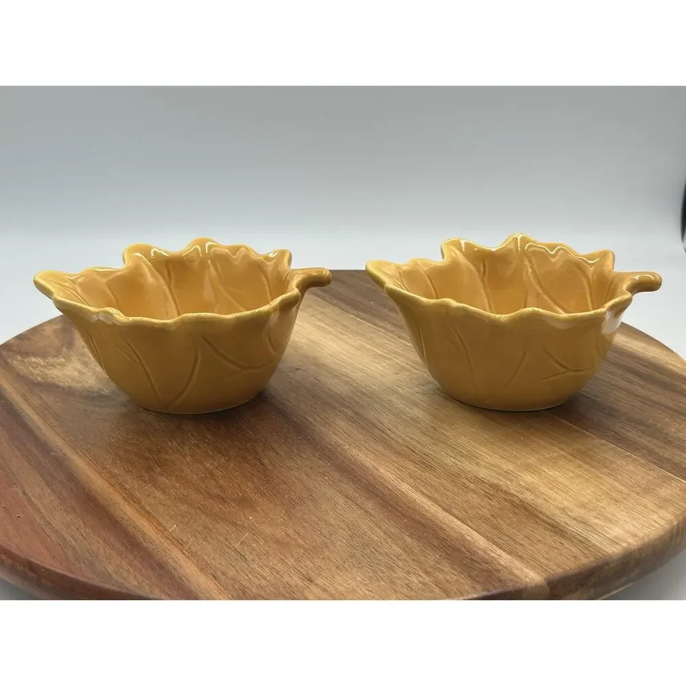 Pier 1 Leaf Bowls Set 2pc Ceramic Appetizer Nut Snack Dishes Mustard Yellow Fall